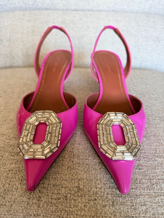 Amina Muaddi Shoes - Amina Muaddi Hot Pink Patent Slingback Pumps with Crystal Octagon